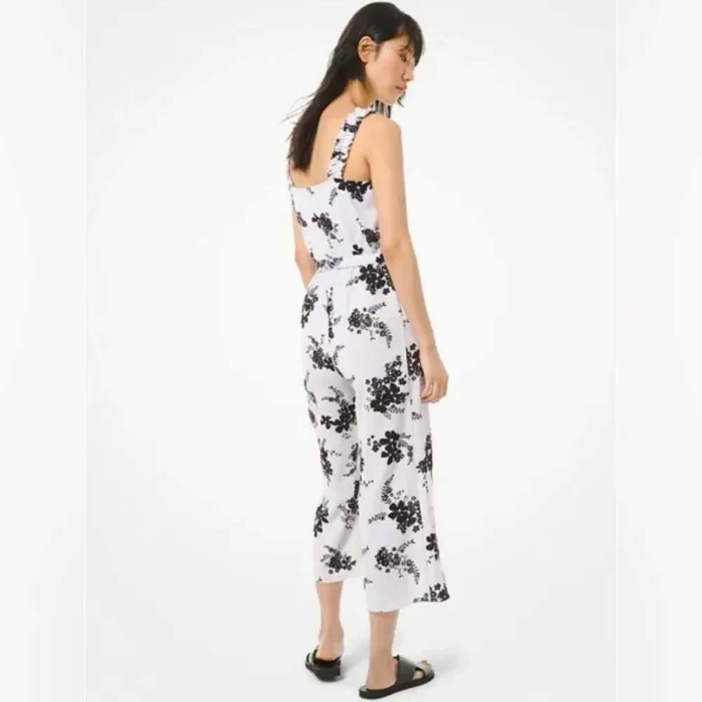 Michael Kors Women's Floral Crepe Ruched Straps Belted Cropped Midi Jumpsuit M